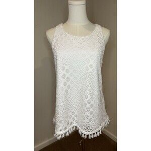 Lilly Pulitzer white lace tank top w/tassel trim & a pineapple-shaped gold zip M